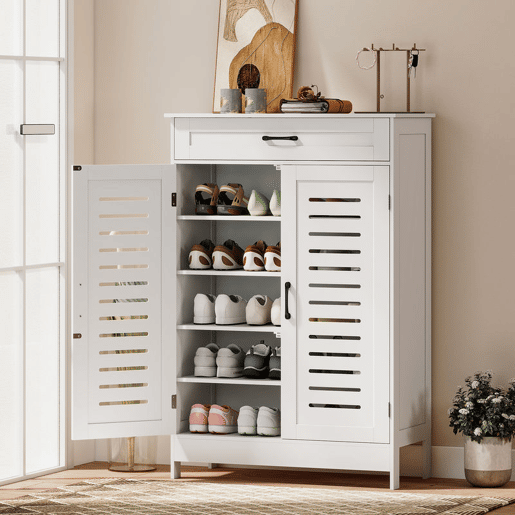 HOMCOM Sapateira Armário para Sapatos com Gaveta Portas de Grade Prateleiras Ajustáveis para 20 Pares de Sapatos Sapateira para Corredor Entrada 78x37x115,8 cm Branco