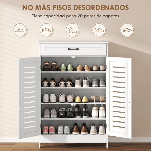HOMCOM Sapateira Armário para Sapatos com Gaveta Portas de Grade Prateleiras Ajustáveis para 20 Pares de Sapatos Sapateira para Corredor Entrada 78x37x115,8 cm Branco