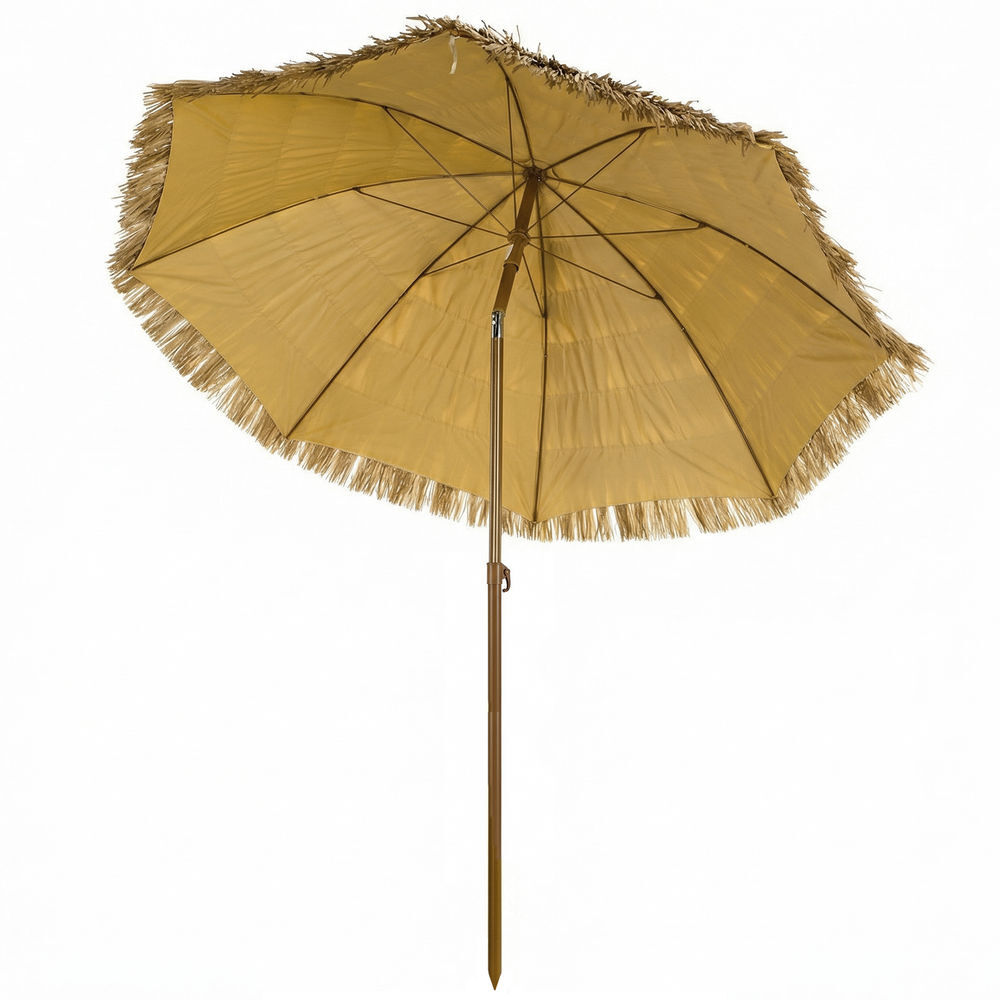 Outsunny sombrilla de playa con flecos de paja ø178 cm, sombrilla de terraza exterior con inclinación, altura ajustable, uv50+, bolsa de transporte, anclaje de arena, marrón claro