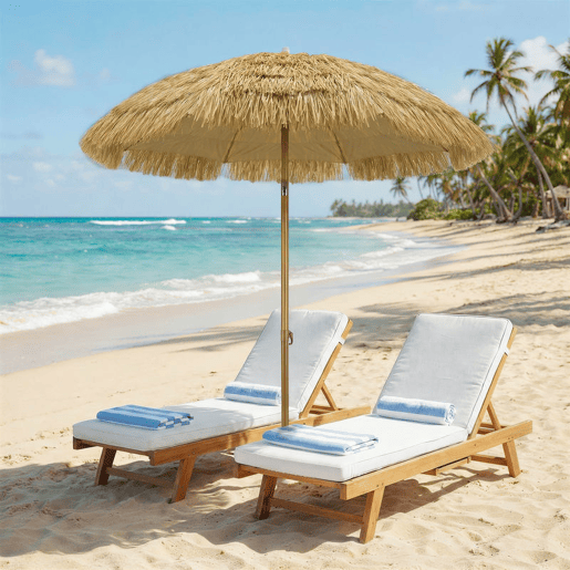 Outsunny Chapéu de Sol de Praia com Franjas de Palha Ø178 cm Chapéu de Sol com Inclinável Altura Ajustável UV50+ Bolsa de Transporte Ancoragem na Areia Castanho Claro
