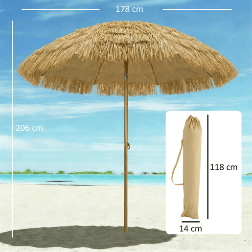 Outsunny Chapéu de Sol de Praia com Franjas de Palha Ø178 cm Chapéu de Sol com Inclinável Altura Ajustável UV50+ Bolsa de Transporte Ancoragem na Areia Castanho Claro