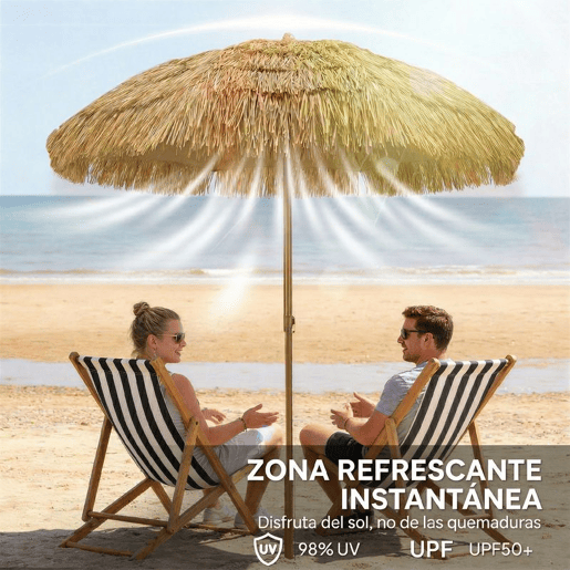 Outsunny Chapéu de Sol de Praia com Franjas de Palha Ø178 cm Chapéu de Sol com Inclinável Altura Ajustável UV50+ Bolsa de Transporte Ancoragem na Areia Castanho Claro