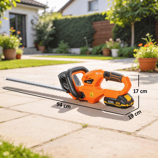 Outsunny Tesoura Cortador de Sebes Elétrico, Cortador de Sebes a Bateria 18V com Bateria de 2000mAh Lâmina de Dupla Ação de 51 cm Motor sem Escovas e Carregador para Sebes Relva, Laranja