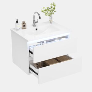 Móvel de casa de banho suspenso 61x46x45 cm - Sensor LED, 2 gavetas, lavatório integrado - Branco