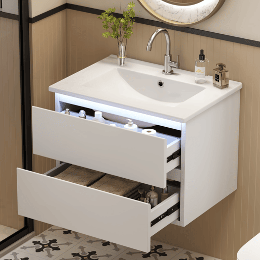Móvel de casa de banho suspenso 61x46x45 cm - Sensor LED, 2 gavetas, lavatório integrado - Branco