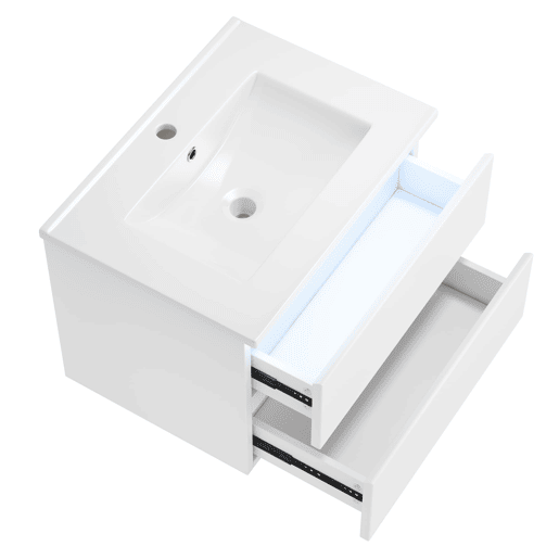 Móvel de casa de banho suspenso 61x46x45 cm - Sensor LED, 2 gavetas, lavatório integrado - Branco