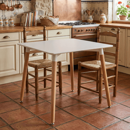 Mesa de cozinha fixa quadrada Copi, mesa de jantar para sala de estar, melamina branca fosca e carvalho 80x75x80 cm