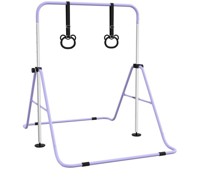 Homcom barra de gimnasia para niños con altura ajustable en 5 niveles y anillos, barra de entrenamiento de gimnasia plegable en casa, púrpura