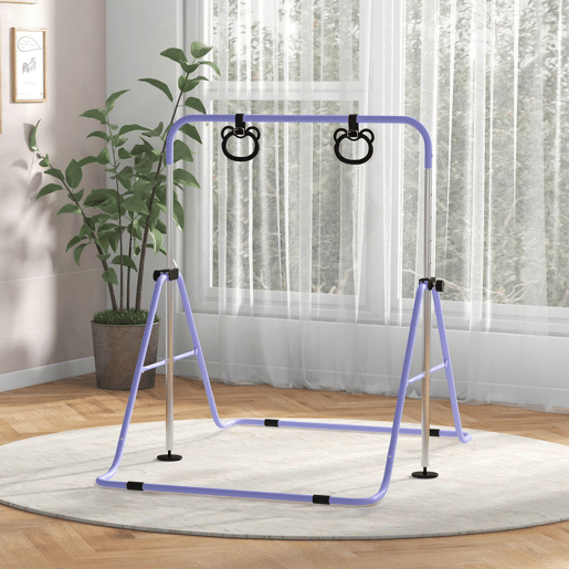HOMCOM Barra de Ginástica Infantil com Altura Ajustável em 5 Níveis e Anéis, Dobrável para Casa, Roxo