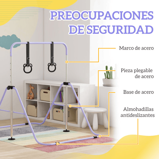 HOMCOM Barra de Ginástica Infantil com Altura Ajustável em 5 Níveis e Anéis, Dobrável para Casa, Roxo