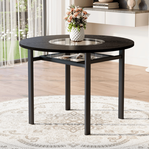 Mesa de jantar redonda 100 cm - minimalista, vidro cinzento, estrutura metálica - madeira preta
