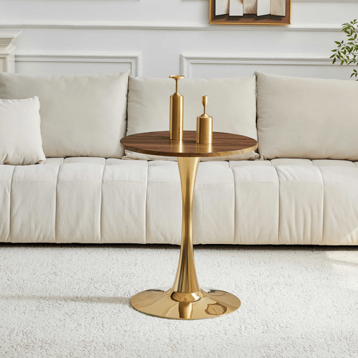 Mesa auxiliar redonda 60 cm - tampo em MDF com tecnologia termoformada, acabamento efeito madeira nogal, base metálica dourada - Nogal e Dourado