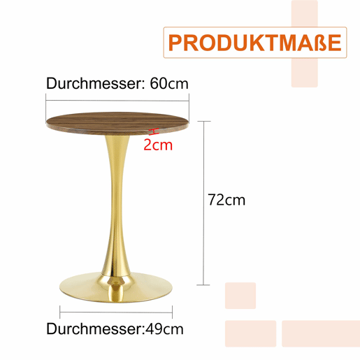 Mesa auxiliar redonda 60 cm - tampo em MDF com tecnologia termoformada, acabamento efeito madeira nogal, base metálica dourada - Nogal e Dourado