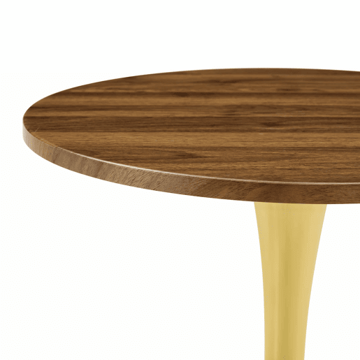 Mesa auxiliar redonda 60 cm - tampo em MDF com tecnologia termoformada, acabamento efeito madeira nogal, base metálica dourada - Nogal e Dourado