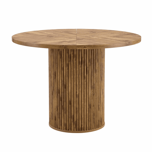 Mesa de jantar redonda 100 cm - Superfície de 4 segmentos com padrão de madeira, pernas cilíndricas com arrumação, barra metálica e fecho de velcro - Cor madeira