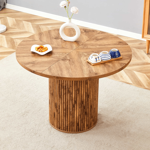 Mesa de jantar redonda 100 cm - Superfície de 4 segmentos com padrão de madeira, pernas cilíndricas com arrumação, barra metálica e fecho de velcro - Cor madeira
