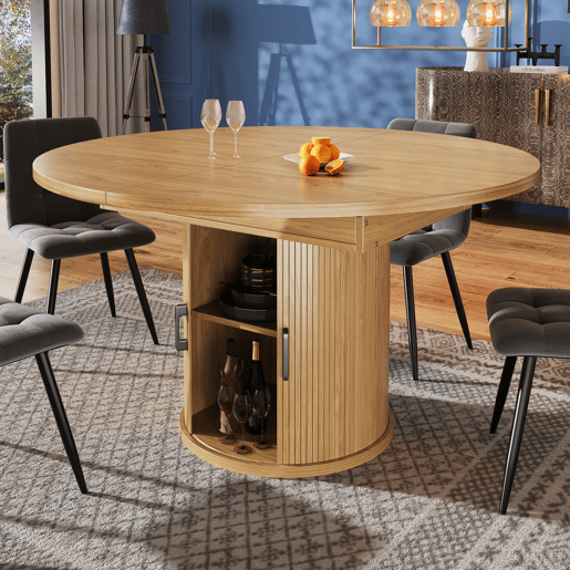 Mesa de jantar extensível - redonda a oval, 118-158 cm, para 6 pessoas - cor de madeira natural