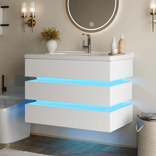Móvel de casa de banho suspenso 60,5 x 47 cm - LED, lavatório em cerâmica, gavetas com fecho suave - Branco