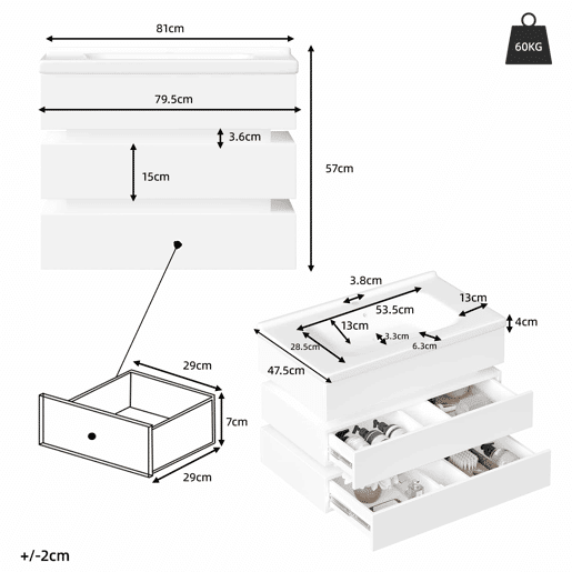 Móvel de casa de banho suspenso 60,5 x 47 cm - LED, lavatório em cerâmica, gavetas com fecho suave - Branco