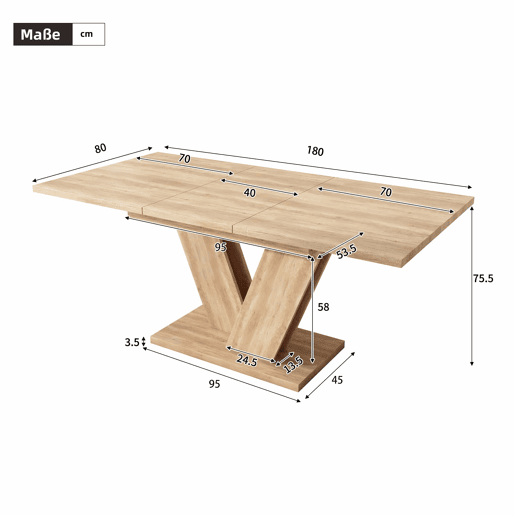 Mesa de jantar extensÃvel 140180x80 cm - 4-6 pessoas, tampo espesso, pernas em V, estilo simples - Carvalho Mesa de jantar extensÃvel 140180x80 cm - 4-6 pessoas, tampo espesso, pernas em V, estilo simples - Carvalho