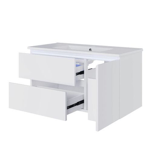Móvel de casa de banho suspenso 91x46,5x50,5 cm - Sensor LED, 2 gavetas, lavatório cerâmico - Branco