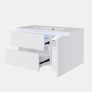 Móvel de casa de banho suspenso 91x46,5x50,5 cm - Sensor LED, 2 gavetas, lavatório cerâmico - Branco