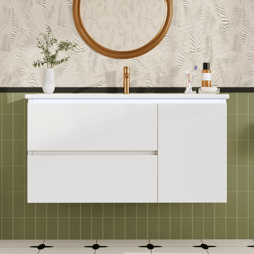 Móvel de casa de banho suspenso 91x46,5x50,5 cm - Sensor LED, 2 gavetas, lavatório cerâmico - Branco