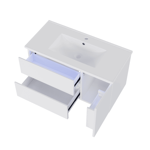 Móvel de casa de banho suspenso 91x46,5x50,5 cm - Sensor LED, 2 gavetas, lavatório cerâmico - Branco