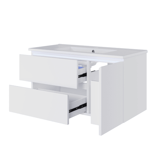 Móvel de casa de banho suspenso 91x46,5x50,5 cm - Sensor LED, 2 gavetas, lavatório cerâmico - Branco