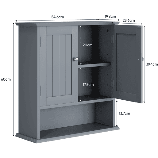 Armário de casa de banho com 2 portas - prateleiras abertas, armário para medicamentos de parede - cinzento claro