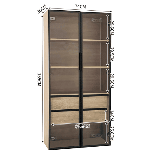 Conjunto de 2 armários de casa de banho 73 cm - Com luz, 2 gavetas grandes, 2 portas, porta de vidro - Natural