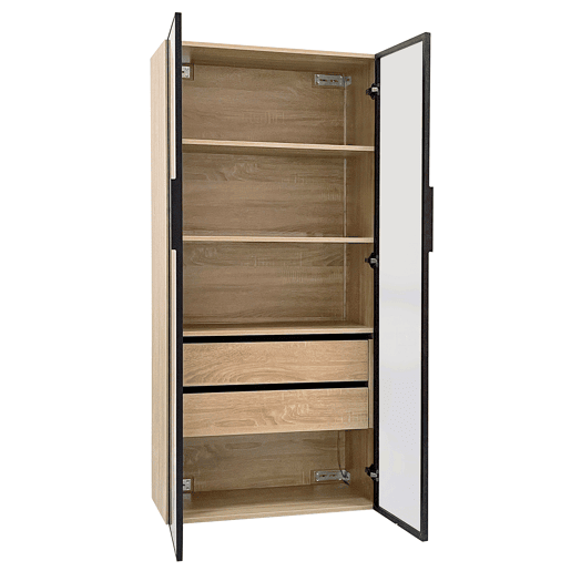 Conjunto de 2 armários de casa de banho 73 cm - Com luz, 2 gavetas grandes, 2 portas, porta de vidro - Natural