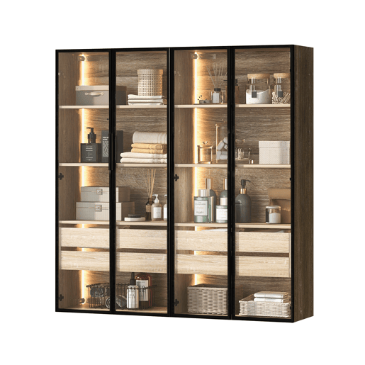 Conjunto de 2 armários de casa de banho 73 cm - Com luz, 2 gavetas grandes, 2 portas, porta de vidro - Natural