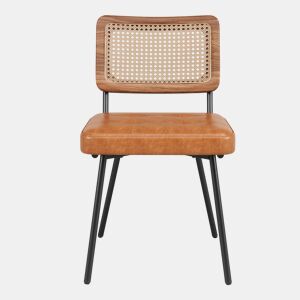 Cadeira de jantar 2 peças - Cadeira ergonómica retro - Rattan + Couro sintético - Castanho