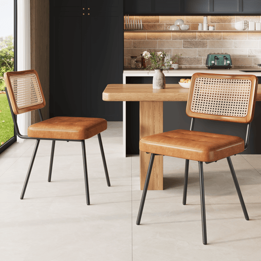 Cadeira de jantar 2 peças - Cadeira ergonómica retro - Rattan + Couro sintético - Castanho Cadeira de jantar 2 peças - Cadeira ergonómica retro - Rattan + Couro sintético - Castanho