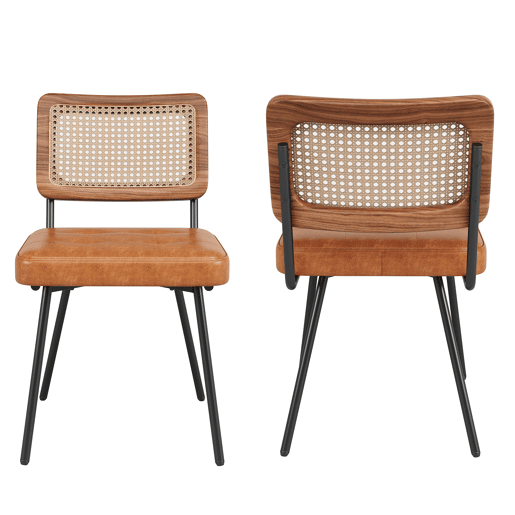 Cadeira de jantar 2 peças - Cadeira ergonómica retro - Rattan + Couro sintético - Castanho Cadeira de jantar 2 peças - Cadeira ergonómica retro - Rattan + Couro sintético - Castanho