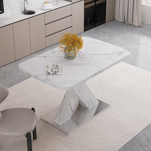 Mesa de jantar extensível 120-160 cm - Moderna, tampo em mármore branco + pernas em MDF X metal - Branco