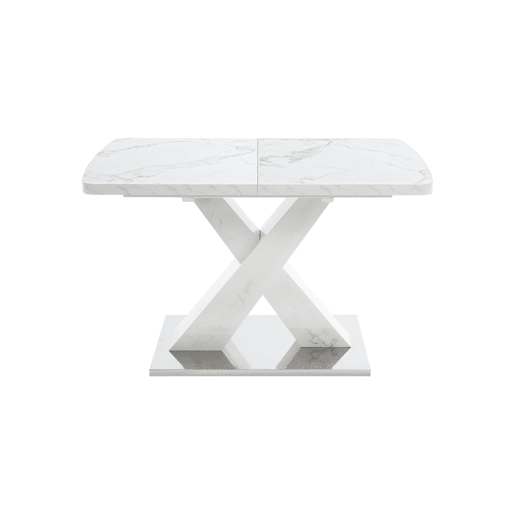 Mesa de jantar extensível 120-160 cm - Moderna, tampo em mármore branco + pernas em MDF X metal - Branco