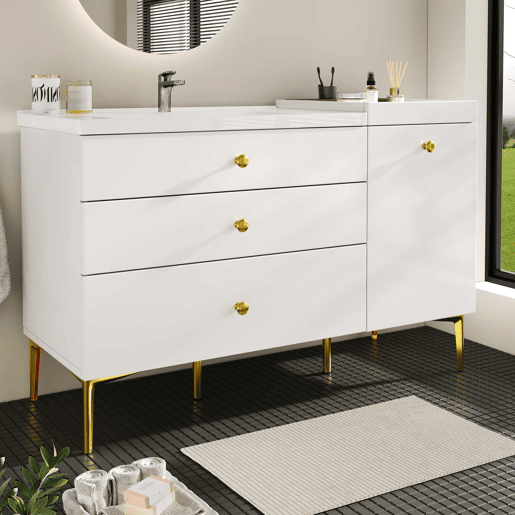 Móvel de casa de banho de 91,5 cm u2013 com lavatório em cerâmica, gavetas e armário, design moderno u2013 branco Móvel de casa de banho de 91,5 cm u2013 com lavatório em cerâmica, gavetas e armário, design moderno u2013 branco
