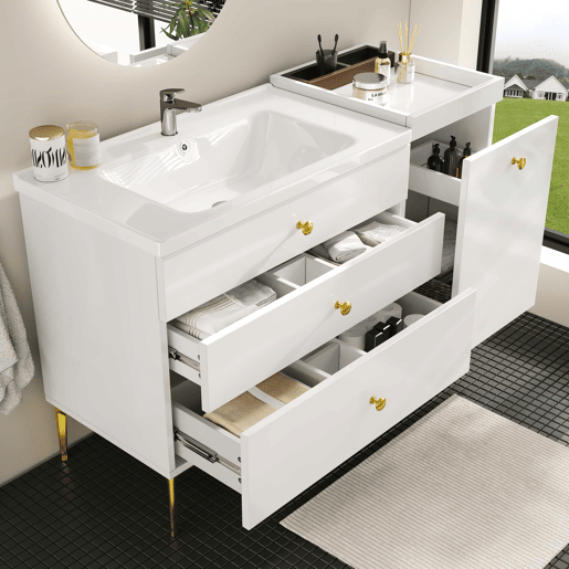 Móvel de casa de banho de 91,5 cm u2013 com lavatório em cerâmica, gavetas e armário, design moderno u2013 branco Móvel de casa de banho de 91,5 cm u2013 com lavatório em cerâmica, gavetas e armário, design moderno u2013 branco