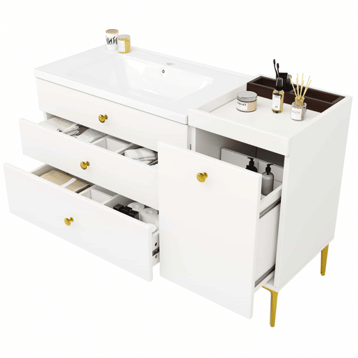 Móvel de casa de banho de 91,5 cm u2013 com lavatório em cerâmica, gavetas e armário, design moderno u2013 branco Móvel de casa de banho de 91,5 cm u2013 com lavatório em cerâmica, gavetas e armário, design moderno u2013 branco