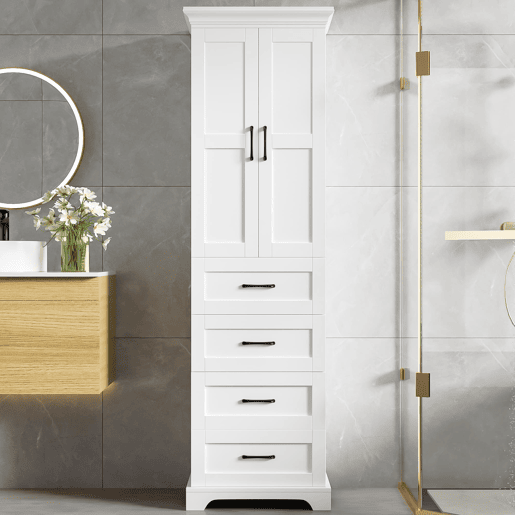 Armário de casa de banho 57x38x180 cm - 3 gavetas e prateleiras ajustáveis - branco