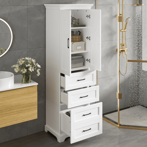 Armário de casa de banho 57x38x180 cm - 3 gavetas e prateleiras ajustáveis - branco