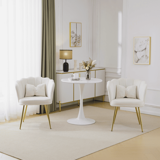 Conjunto de 2 cadeiras modernas de veludo - Cadeiras de sala, casa de banho, com encosto em pétalas, pernas de metal dourado e almofadas em forma de borboleta - Bege