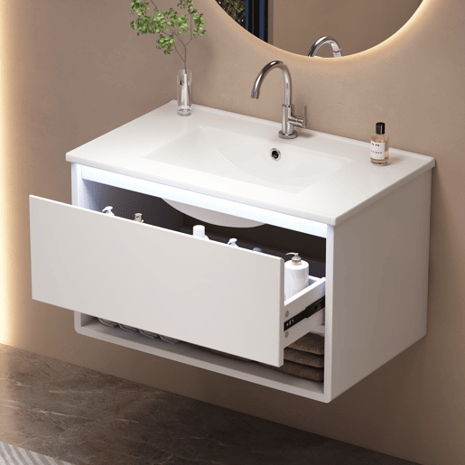 Móvel de casa de banho 76x46x45 cm - Suspensório, gaveta, prateleira aberta, sensor LED - Branco