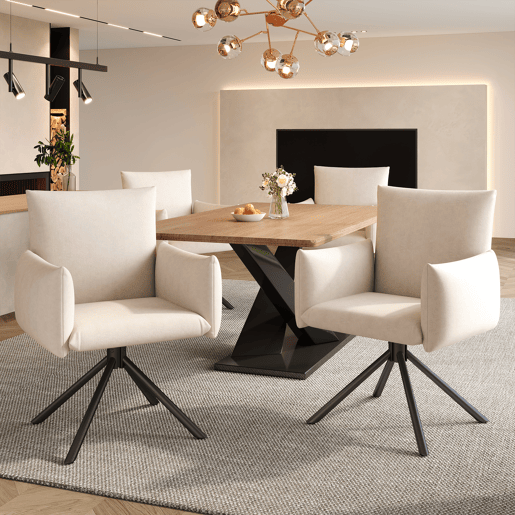 Cadeira de jantar 2er Set - Cadeira almofadada com 4 pernas metálicas, giratória 360°, com apoio lombar - Bege
