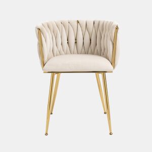 Cadeira de jantar de veludo 2 peças - design tecido à mão, pernas de metal dourado - marfim