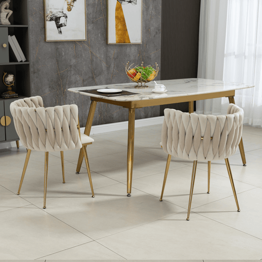 Cadeira de jantar de veludo 2 peças - design tecido à mão, pernas de metal dourado - marfim