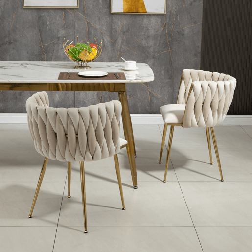 Cadeira de jantar de veludo 2 peças - design tecido à mão, pernas de metal dourado - marfim