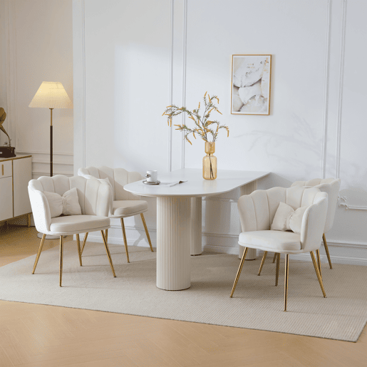 Conjunto de 4 cadeiras modernas em veludo - Cadeiras de sala, cadeiras com encosto em forma de pétalas, pernas metálicas douradas, almofada em forma de borboleta - Bege Conjunto de 4 cadeiras modernas em veludo - Cadeiras de sala, cadeiras com encosto em forma de pétalas, pernas metálicas douradas, almofada em forma de borboleta - Bege